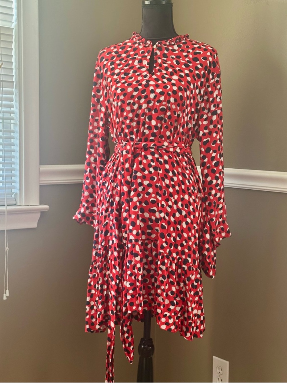 Red Polka-Print Long Sleeve Tie-Waist Dress